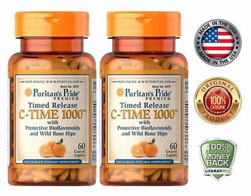 Vitamin C của Mỹ hộp 60 viên - Puritan's Pride Timed Release C-TIME 1000 with Bioflavonoids & Rose Hips