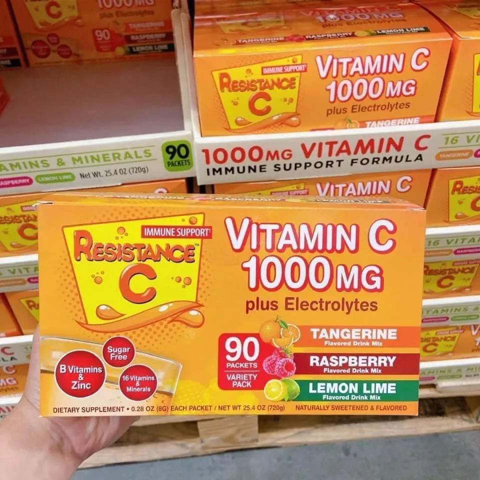Bột Vitamin C Hòa Tan Giúp Tăng Đề Kháng Resistance C 1000Mg Plus  Electrolytes 90 Gói Của Mỹ