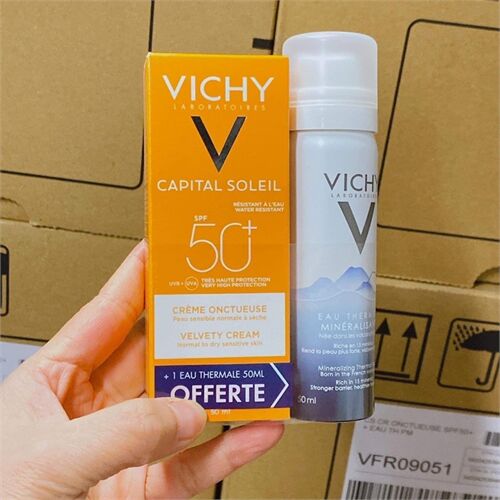 Set Kem Chống Nắng Vichy Laboratoires Capital Soleil Creme Onctueuse velvety cream SPF50+ tặng kèm xịt khoáng mini 50ml