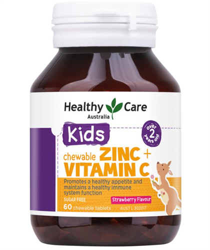Kẹo nhai bổ sung Kẽm Vitamin C cho bé Healthy Care Kids Zinc + Vitamin C 60 viên của Úc